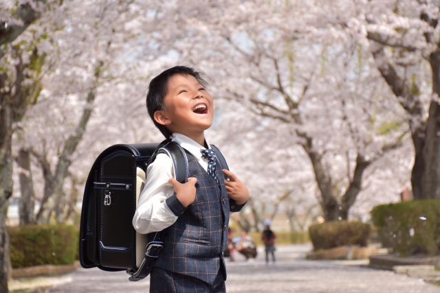 桜を見上げる小学1年生の写真